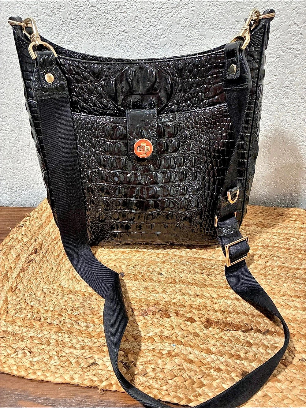 Brahmin Fallon Melbourne Shoulder Bag Black Crocodile Embossed
